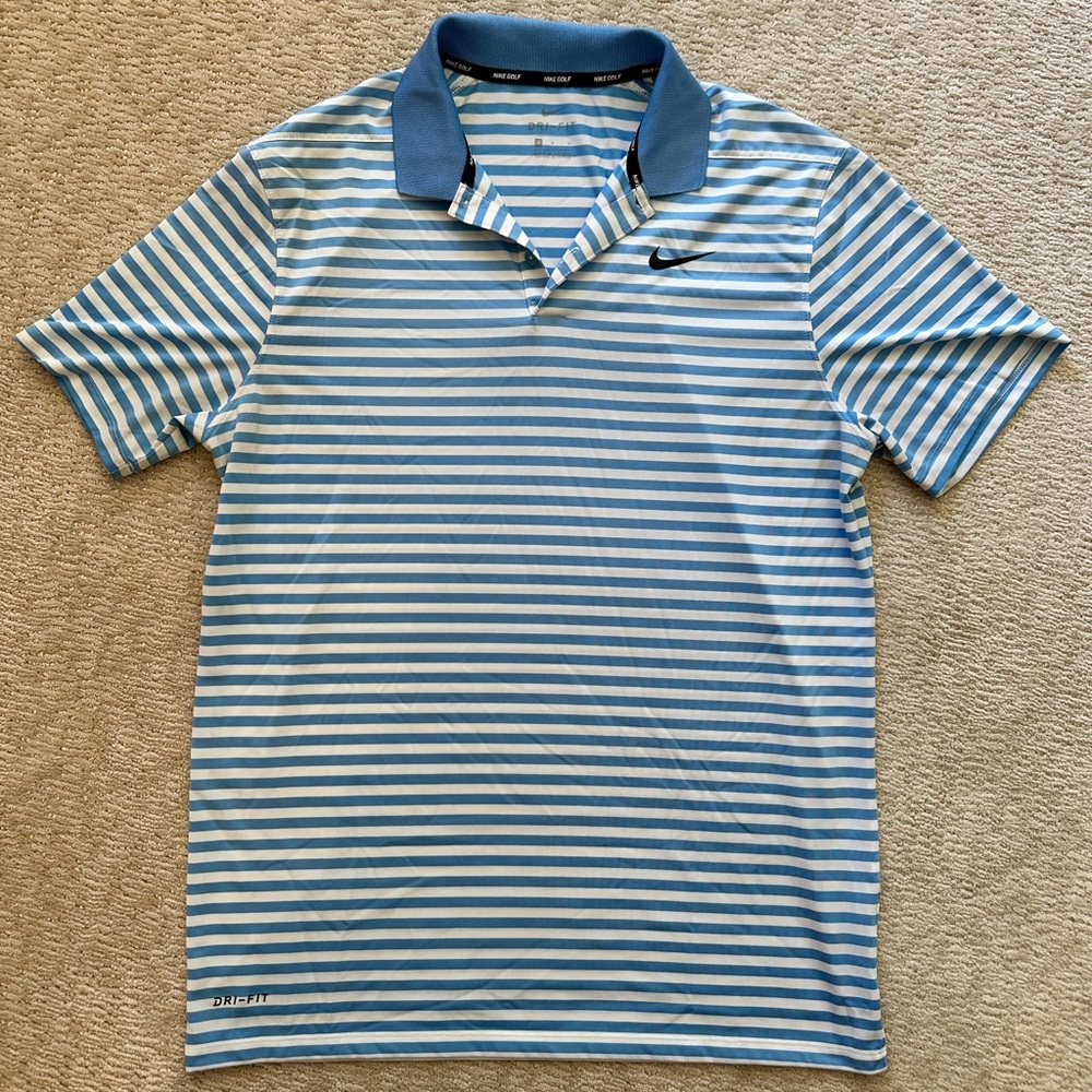 Nike Golf Striped Blue and White Dri-FIT Polo - M